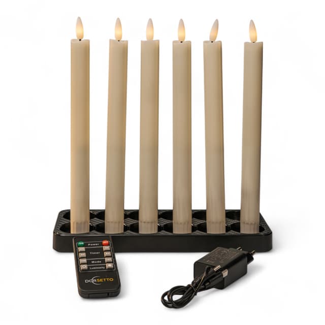 Białe świece obiadowe LED 250 mm – ładowalne, zestaw 6 szt., ściemnialne, z pilotem