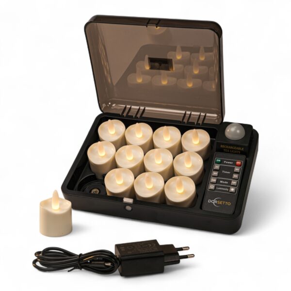 Home 7 Zestaw 6 ładowalnych, wodoodpornych podgrzewaczy LED DORSETTO – ciepłe białe światło – z pilotem, czarną stacją ładującą, podstawkami i zasilaczem na białym tle