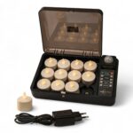 Zestaw 12 wodoodpornych, ładowalnych podgrzewaczy LED DORSETTO – ciepłe białe – do 400 godzin – z pilotem – na białym tle