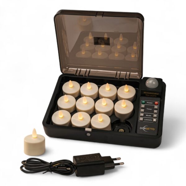 Zestaw 12 wodoodpornych, ładowalnych podgrzewaczy LED DORSETTO – ciepłe białe – do 400 godzin – z pilotem – na białym tle