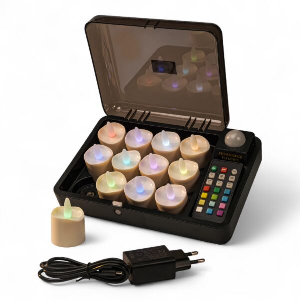 Home 22 Zestaw 12 wodoodpornych, ładowalnych podgrzewaczy LED RGB DORSETTO w czarnym boxie ładującym z pilotem – jeden podgrzewacz i zasilacz pokazane obok, wielokolorowe światło