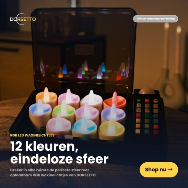Zestaw Dorsetto zawiera 12 ładowalnych, wodoodpornych lampek LED RGB (do 160 godzin) w otwartej czarnej obudowie, wraz z pilotem zdalnego sterowania. Tekst podkreśla: "12 kleuren, eindeloze sfeer".