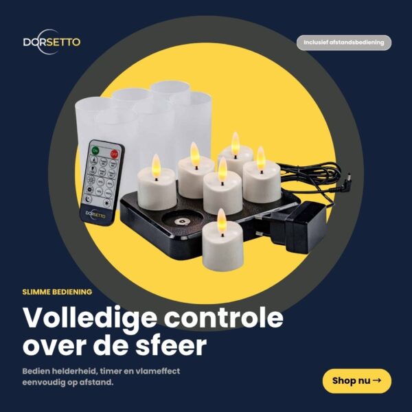 Zestaw 6 ładowalnych świeczek LED typu tealight DORSETTO 3D o czasie pracy do 400 godzin, z pilotem i funkcją timera, zapewnia pełną kontrolę nad nastrojem dzięki regulacji jasności i efektu płomienia.