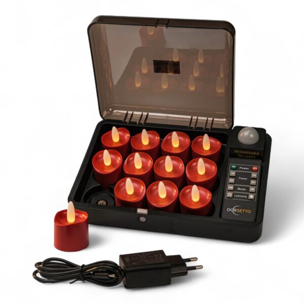 Zestaw 12 czerwonych ładowalnych LED tealightów DORSETTO – wodoodporne, z pilotem, funkcją timera i stacją ładującą z przezroczystą pokrywą.