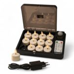 Zestaw podgrzewaczy LED 3D (12 szt.) – ładowalne, do 400 godzin, z pilotem i timerem, w etui ładującym z przezroczystą pokrywą