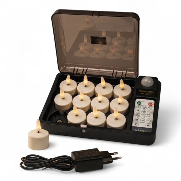 Home 9 Zestaw podgrzewaczy LED 3D (12 szt.) – ładowalne, do 400 godzin, z pilotem i timerem, w etui ładującym z przezroczystą pokrywą