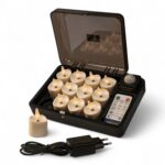 Zestaw 12 ładowalnych tealightów LED 3D DORSETTO IP68 z czarnym boxem ładującym, pilotem i zasilaczem – do 400 godzin, z timerem.