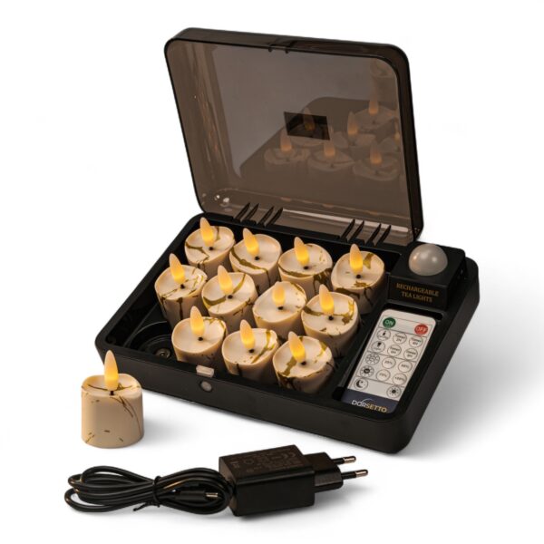 Zestaw ładowalnych podgrzewaczy LED 3D DORSETTO (12 szt.) – marmur złoty, etui ładujące, pilot i zasilacz, timer do 400 godzin