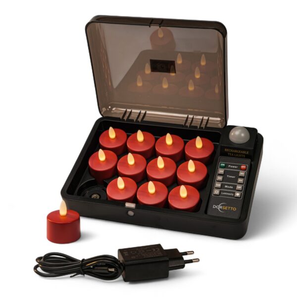 Zestaw 12 czerwonych odnawialnych świeczek LED DORSETTO – wodoodporne, z pilotem i timerem, w czarnej stacji ładującej