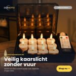 Zdjęcie przedstawia zestaw 12 Podgrzewaczy LED 3D w czarnym pudełku, wyposażonych w pilota i funkcję timera. Każdy ładowany tealight działa do 400 godzin, oferując bezpieczne światło świec bez otwartego płomienia. Tekst i przycisk "Kup teraz" nakładają się na obraz.