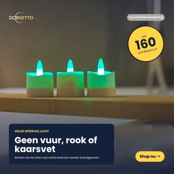 Sześć wodoodpornych, ładowalnych świeczek typu tealight DORSETTO z diodami LED RGB, wyposażonych w pilota i timer, świeci na zielono na drewnianej półce. Delikatnie rozmyte tło podkreśla holenderski tekst informujący o bezpiecznym, bezdymnym świetle świec, które wystarcza nawet na 160 godzin.