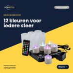 Zestaw 6 wodoodpornych, ładowalnych świeczek LED RGB marki DORSETTO, czas pracy do 160 godzin, z pilotem i timerem. Napis brzmi: 12 kolorów na każdą okazję.
