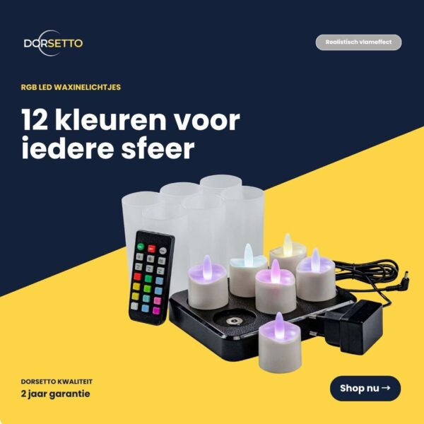 Zestaw 6 wodoodpornych, ładowalnych świeczek LED RGB marki DORSETTO, czas pracy do 160 godzin, z pilotem i timerem. Napis brzmi: 12 kolorów na każdą okazję.
