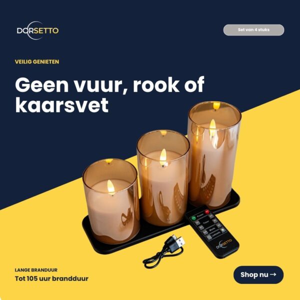 Zestaw ładowalnych świec LED DORSETTO zawiera 3 świece w kolorze złotym, zapewniające do 105 godzin światła, pilota oraz kabel USB na czarnej tacy — bezpieczna przyjemność bez ognia, dymu ani wosku.