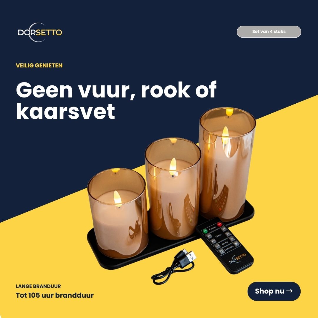 Zestaw ładowalnych świec LED DORSETTO zawiera 3 świece w kolorze złotym, zapewniające do 105 godzin światła, pilota oraz kabel USB na czarnej tacy — bezpieczna przyjemność bez ognia, dymu ani wosku.