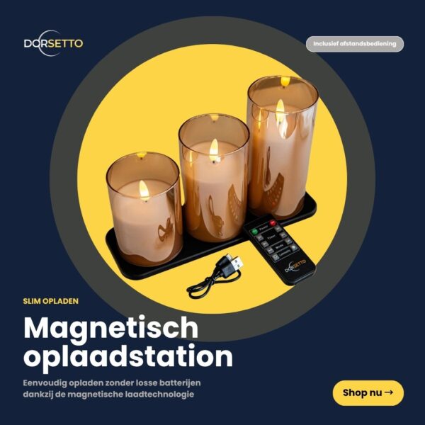 Zestaw ładowalnych świec LED DORSETTO (3 sztuki, do 105 godzin świecenia, z pilotem) stoi na czarnej magnetycznej stacji z kablem USB na granatowym tle z holenderskim napisem i żółtym przyciskiem „Shop nu”.