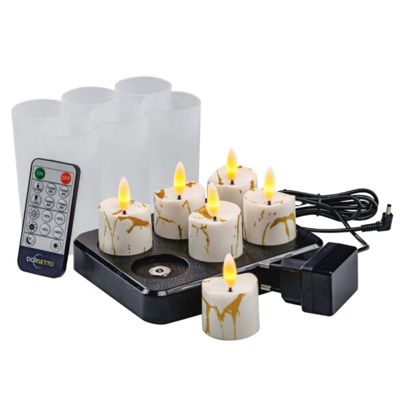 Home 23 Zestaw ładowalnych podgrzewaczy LED 3D DORSETTO – 6 sztuk z pilotem, timerem, bazą ładującą i matowymi uchwytami