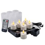 Zestaw 6 ładowalnych świeczek LED 3D DORSETTO z pilotem, funkcją timera, czarną bazą ładującą, zasilaczem i sześcioma matowymi uchwytami.