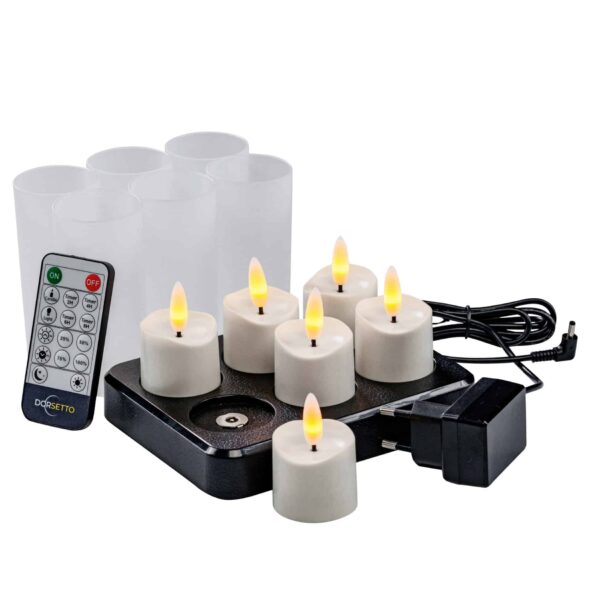Zestaw 6 ładowalnych świeczek LED 3D DORSETTO z pilotem, funkcją timera, czarną bazą ładującą, zasilaczem i sześcioma matowymi uchwytami.