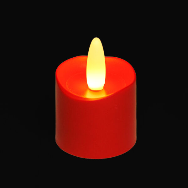 Zestaw 6 czerwonych ładowalnych LED tealightów DORSETTO – wodoodporne, z pilotem, funkcją timera i czarną stacją ładującą.