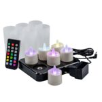 Zestaw 6 ładowalnych, wodoodpornych tealightów RGB LED DORSETTO z bazą ładującą, pilotem, 6 matowymi uchwytami i zasilaczem.