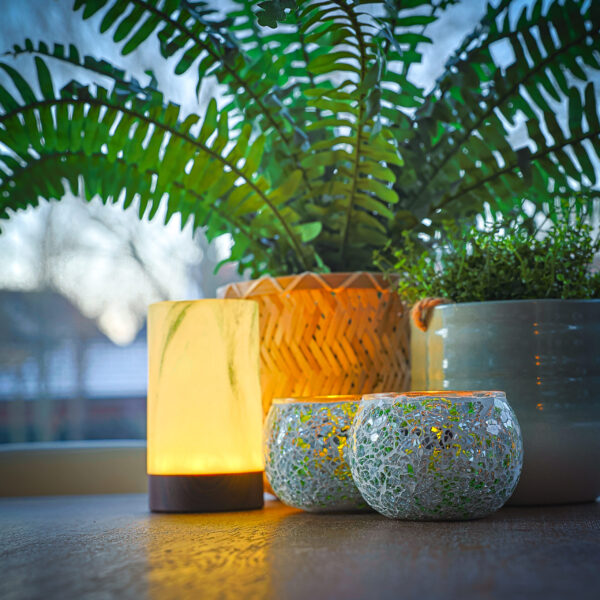 kaarsen houders bij planten die in een mand staan