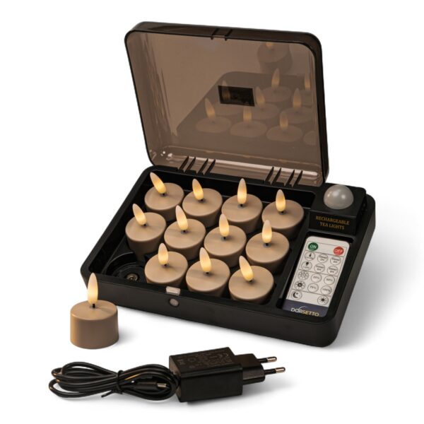 Et sæt med tolv genopladelige LED-twistlys i et sort opladningsetui, med et twistlys udenfor, en fjernbetjening og en strømadapter placeret foran etuiet.