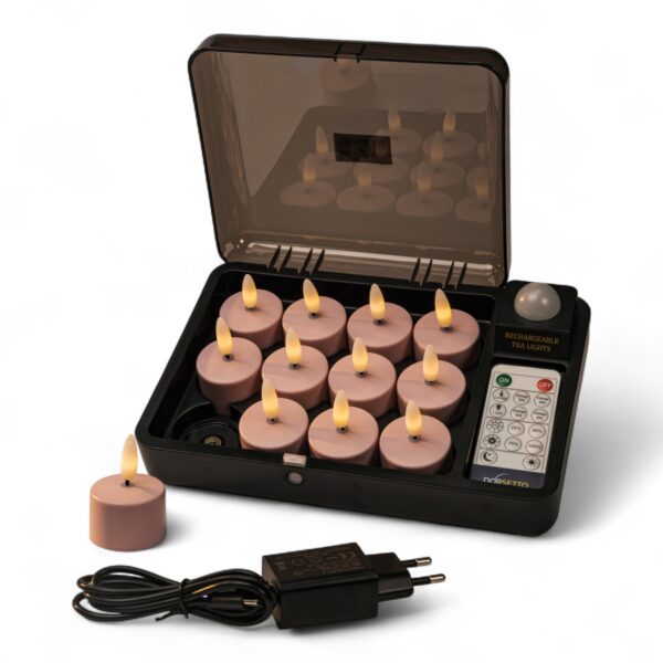 Różowe ładowalne podgrzewacze LED DORSETTO z realistycznym płomieniem 3D i czasem świecenia do 400 godzin na sztukę. Zestaw 12 sztuk z magnetyczną skrzynką ładującą oraz pilotem – bezpieczne, nastrojowe światło bez ognia.