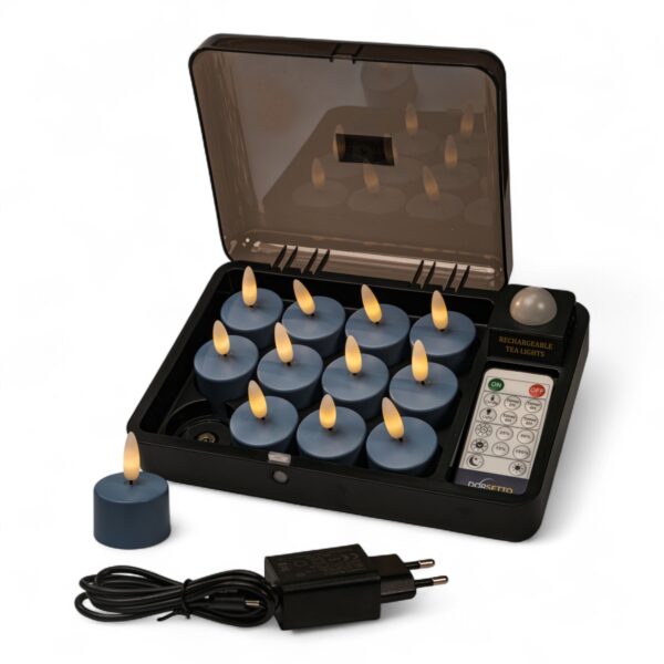 Home 19 Czarna skrzynka ładująca z 12 niebieskimi ładowalnymi podgrzewaczami (Stone Bleu No.86, czas świecenia do 400 godzin), pilot, jeden podgrzewacz poza skrzynką oraz czarny zasilacz z przewodem z przodu, na białym tle.