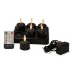 Zestaw czarnych, ładowalnych tealightów (6 sztuk) o czasie świecenia do 400 godzin, z pilotem i bazą ładującą, na białym tle.
