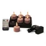 Zestaw różowych ładowalnych podgrzewaczy LED zawiera 6 różowych podgrzewaczy (do 400 godzin świecenia), czarną podstawę ładującą, pilot oraz zasilacz.