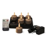 Zestaw beżowych ładowalnych podgrzewaczy LED zawiera 6 sztuk (do 400 godzin świecenia), pilot oraz magnetyczną bazę ładującą.