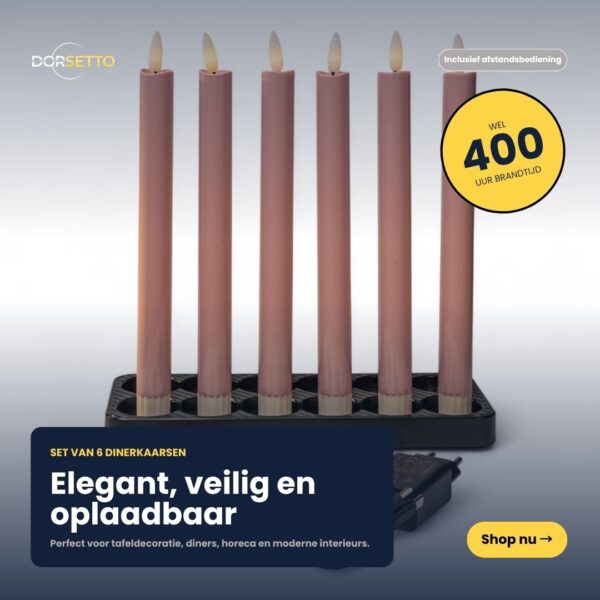 Sześć różowych świec obiadowych LED o średnicy 250 mm stoi pionowo na czarnej podstawie ładującej. Zestaw zawiera 6 ściemnianych, ładowanych świec z pilotem, o czasie działania do 400 godzin, eleganckich i bezpiecznych. Widoczny jest żółty przycisk "Shop nu".