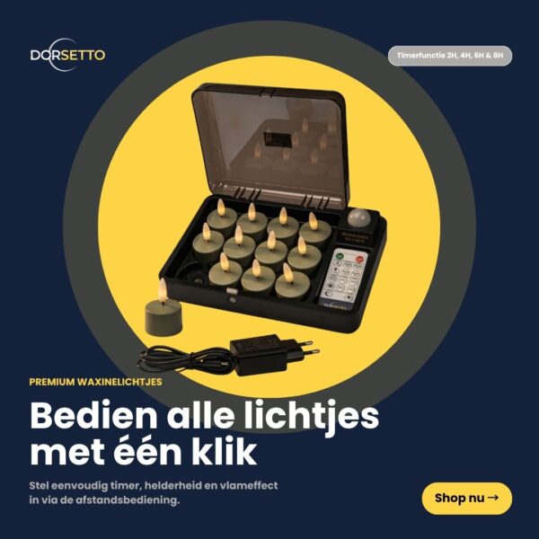 Zestaw 12 oliwkowych tealightów LED z możliwością ładowania (do 400 godzin), pilot zdalnego sterowania i ładowarka znajdują się w otwartej czarnej walizce. Holenderski tekst podkreśla sterowanie wszystkimi świecami za pomocą jednego kliknięcia. Przycisk "Kup teraz" i logo Dorsetto są widoczne.