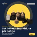 Zestaw sześciu beżowych podgrzewaczy LED z możliwością ładowania (Ładowalne podgrzewacze LED beżowe – do 400 godzin świecenia, 6 szt., z pilotem) wraz z pilotem i podstawką ładującą, przedstawiony na ciemnym tle z żółtymi okręgami i holenderskim tekstem podkreślającym długi czas pracy na baterii.