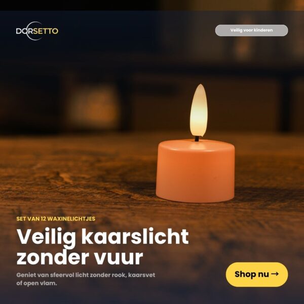 Pojedynczy różowy tealight LED z możliwością ładowania świeci ciepłym światłem na drewnianej powierzchni. Ciesz się bezpiecznym światłem świec - kup zestaw 12 bezpłomieniowych podgrzewaczy Dorsetto (czas palenia do 400 godzin, z pilotem) już dziś!.